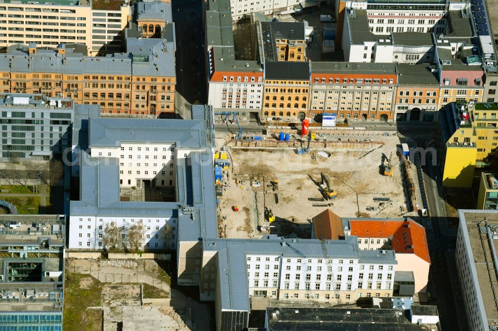 Aerial photograph Berlin - Demolition and unsealing work on the concrete surfaces the formerly Buero- and Geschaeftshaus on Dorotheenstrasse corner Schadowstrasse for the new building of an office building of Deutscher Bundestag in the district Mitte in Berlin, Germany