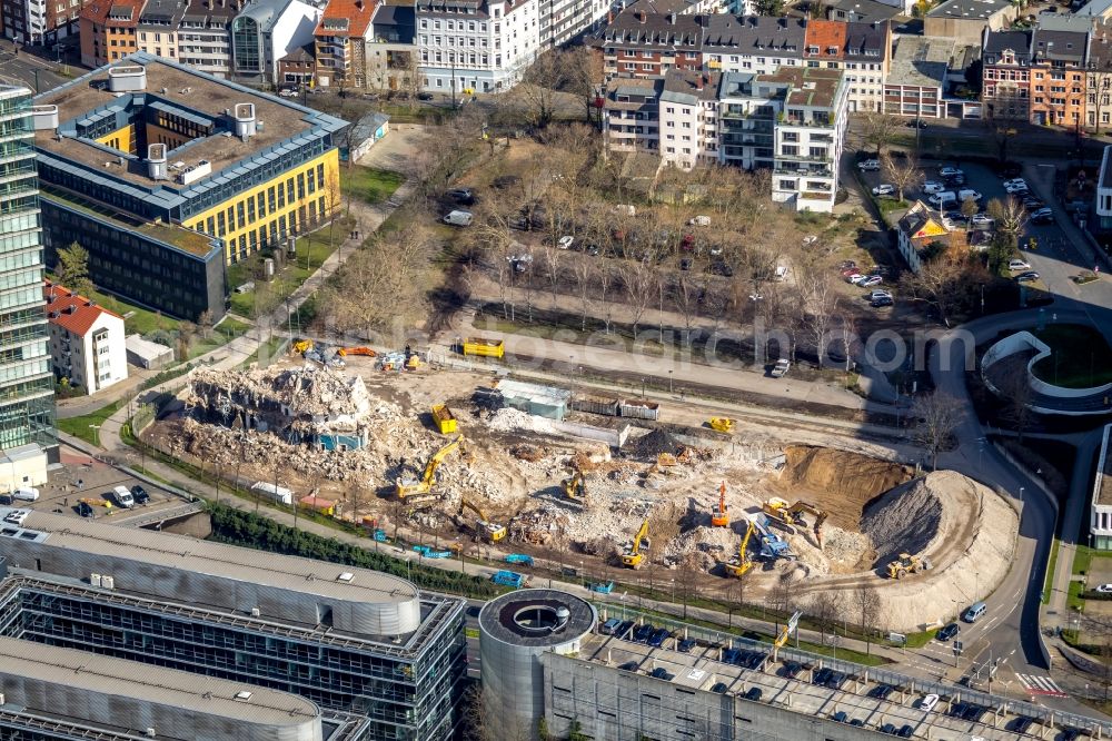 Aerial image Düsseldorf - Demolition and unsealing work on the concrete surfaces of the former commercial building on Voelklinger Strasse in Dusseldorf in the federal state of North Rhine-Westphalia, Germany