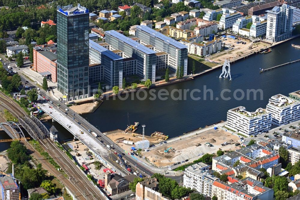 Berlin from above - Demolition and unsealing work on the concrete surfaces in ehmaligen Osthafen on Stralauer Allee in Gewerbegebiet in the district Friedrichshain in Berlin, Germany