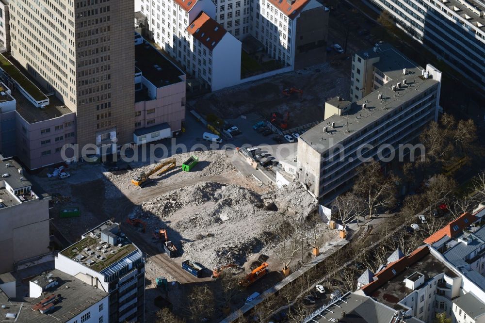 Berlin from the bird's eye view: Demolition and unsealing work on the concrete surfaces of Kudonm-Buehnen on Kurfuerstendonm in Berlin, Germany