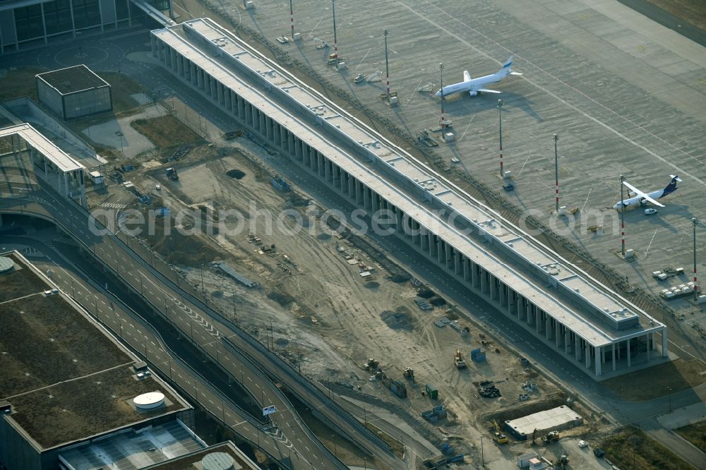 Aerial image Schönefeld - Demolition and unsealing work on the concrete surfaces of Parkflaechen on August-Heinrich-Euler-Strasse on Flughafen BER in Schoenefeld in the state Brandenburg, Germany