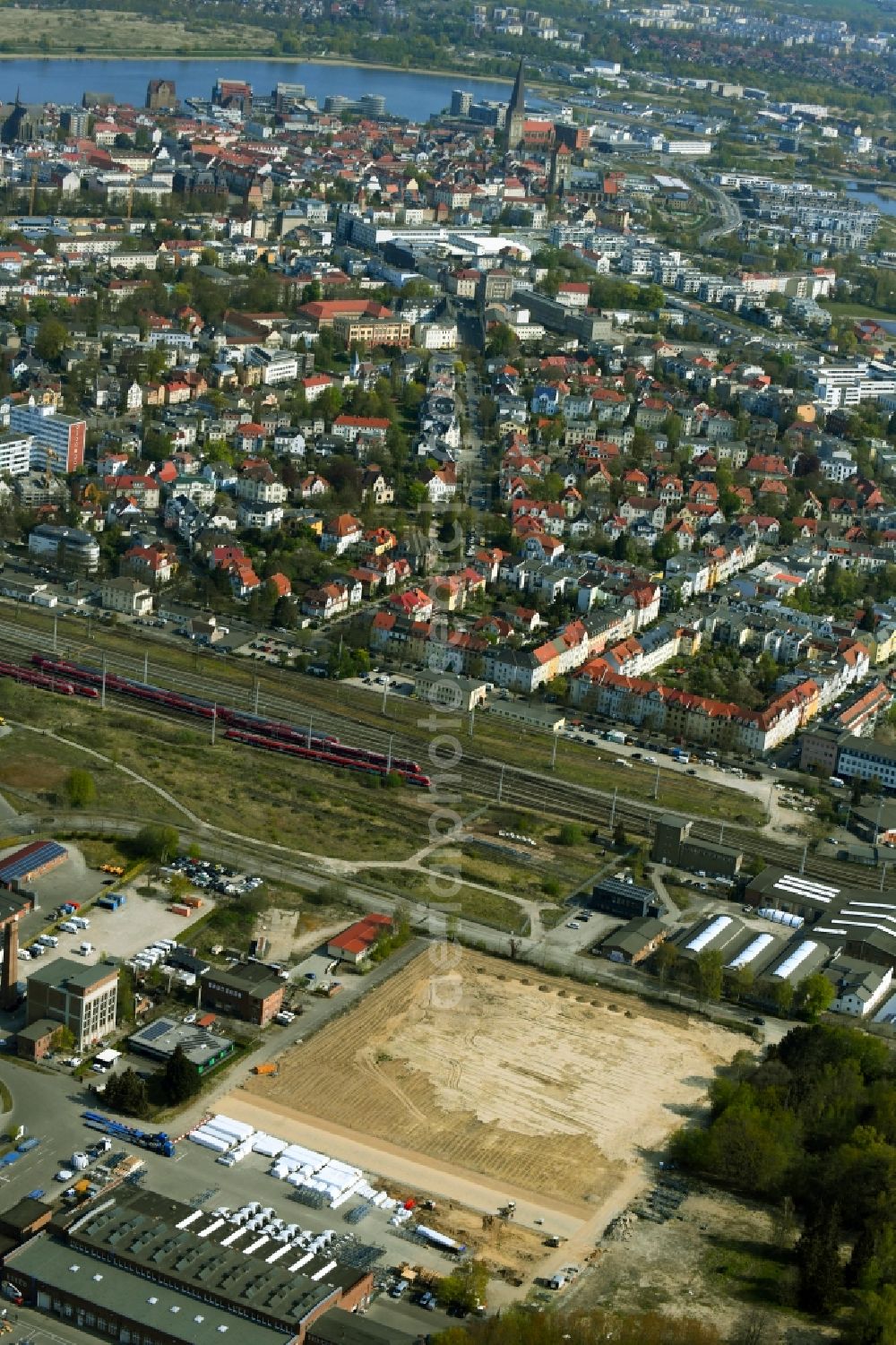 Aerial image Rostock - Demolition and unsealing work on the site of the former diesel engine plant in Rostock in Mecklenburg-Vorpommern, Germany