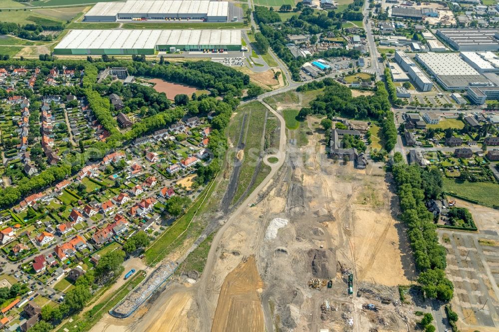 Aerial photograph Kamp-Lintfort - Demolition and dismantling work at the Conveyors and mining pits at the headframe Zeche Friedrich Heinrich Schacht 2 in Kamp-Lintfort in the state North Rhine-Westphalia