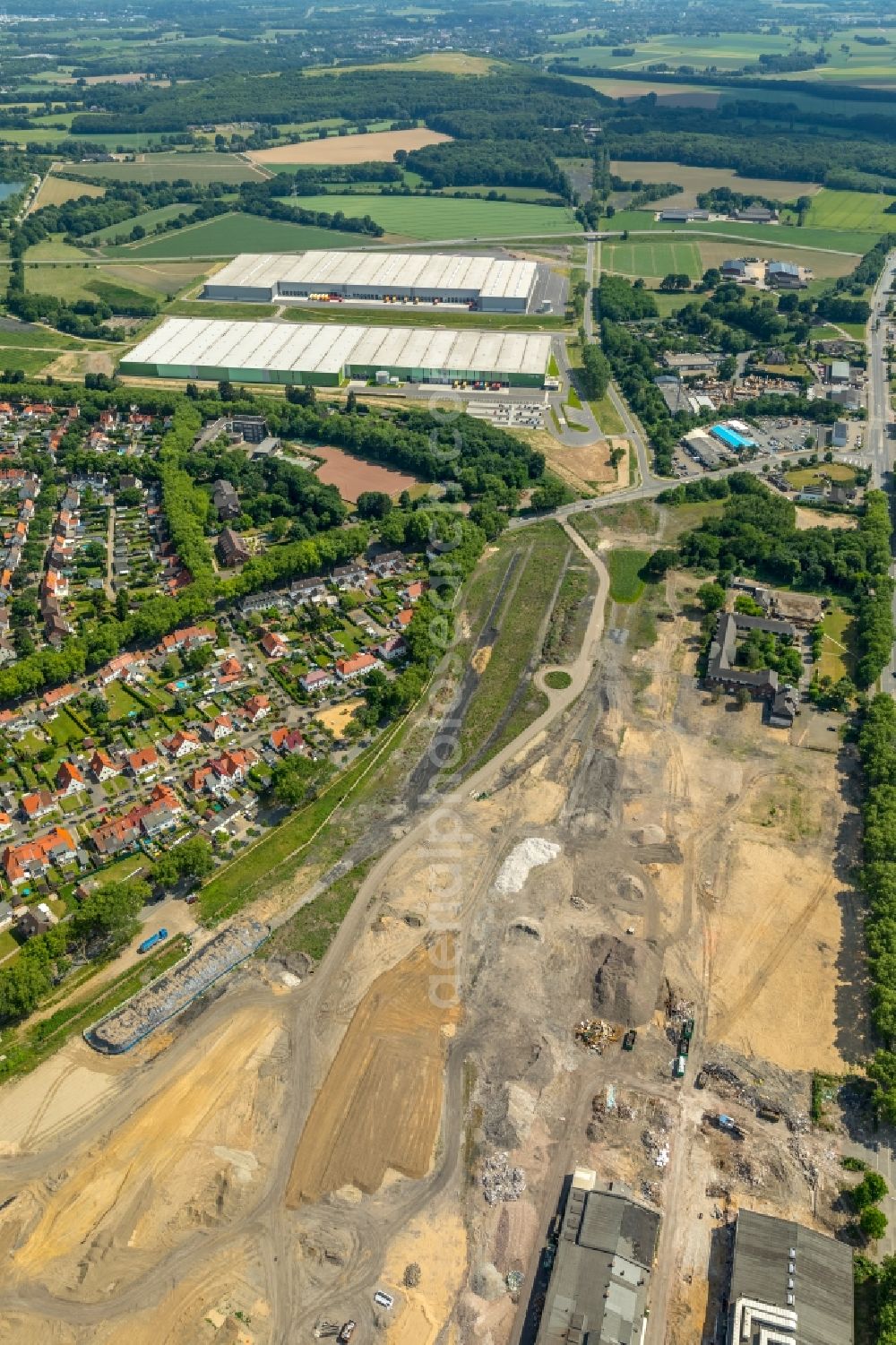 Kamp-Lintfort from above - Demolition and dismantling work at the Conveyors and mining pits at the headframe Zeche Friedrich Heinrich Schacht 2 in Kamp-Lintfort in the state North Rhine-Westphalia