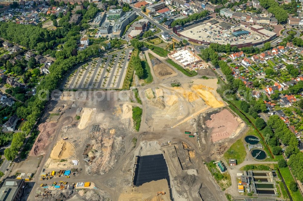 Aerial image Kamp-Lintfort - Demolition and dismantling work at the Conveyors and mining pits at the headframe Zeche Friedrich Heinrich Schacht 2 in Kamp-Lintfort in the state North Rhine-Westphalia