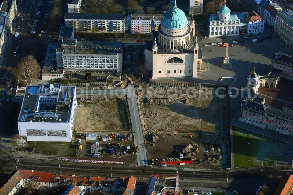 Potsdam from the bird's eye view: Demolition of the former school building of Fachhochschule Potsdam on Friedrich-Ebert-Strasse in Potsdam in the state Brandenburg, Germany