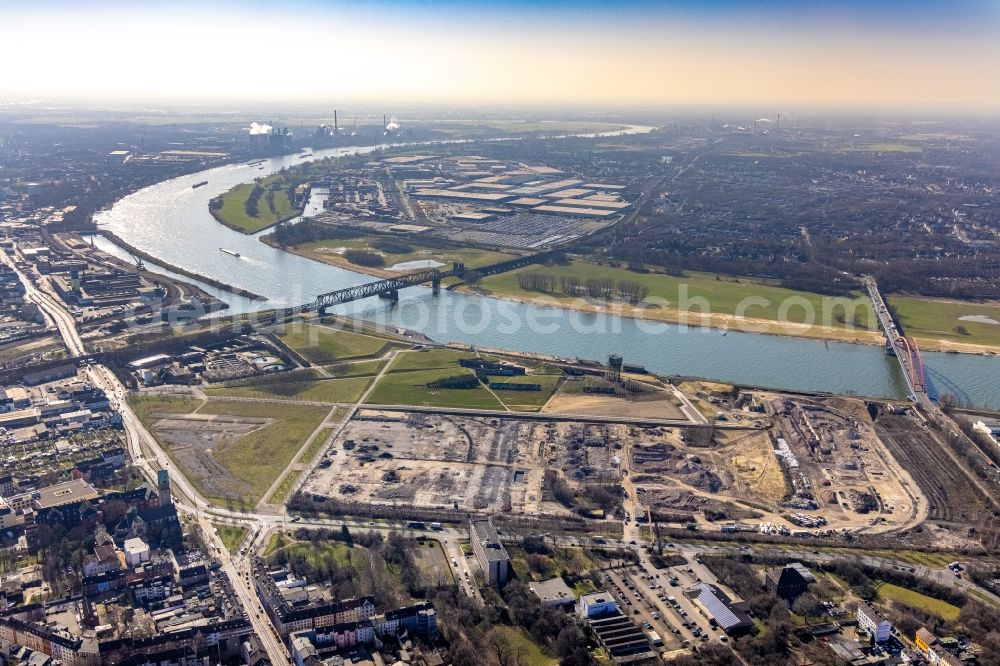 Aerial photograph Duisburg - Demolition and disposal work on the remains of the ruins of Drahtwalzwerks of ArcelorMittal Hochfeld GmbH on Woerthstrasse for the new building of the Quartier RHEINORT in Duisburg at Ruhrgebiet in the state North Rhine-Westphalia, Germany