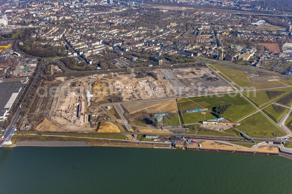 Aerial image Duisburg - Demolition and disposal work on the remains of the ruins of Drahtwalzwerks of ArcelorMittal Hochfeld GmbH on Woerthstrasse for the new building of the Quartier RHEINORT in Duisburg at Ruhrgebiet in the state North Rhine-Westphalia, Germany