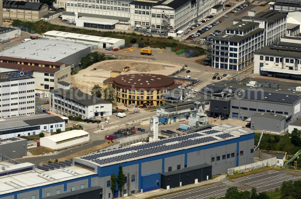 Jena from the bird's eye view: Demolition and disposal work on the remains of the ruins on Schottstrasse zum Neubau von Gebaeuden of Carl Zeiss AG in Jena in the state Thuringia, Germany