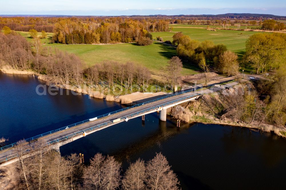 Liepe from the bird's eye view: Demolition and replacement of a new bridge on street Schoepfwerk in Liepe in the state Brandenburg, Germany