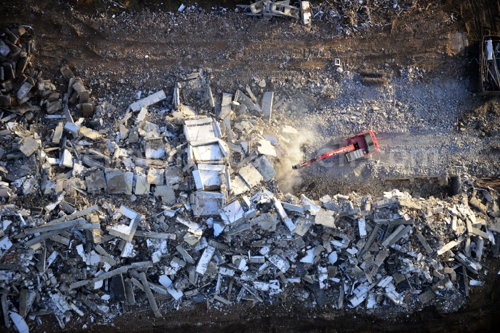 Basdorf from the bird's eye view: Demolition of buildings in the Barracks area of the former state-police school in Basdorf in Brandenburg