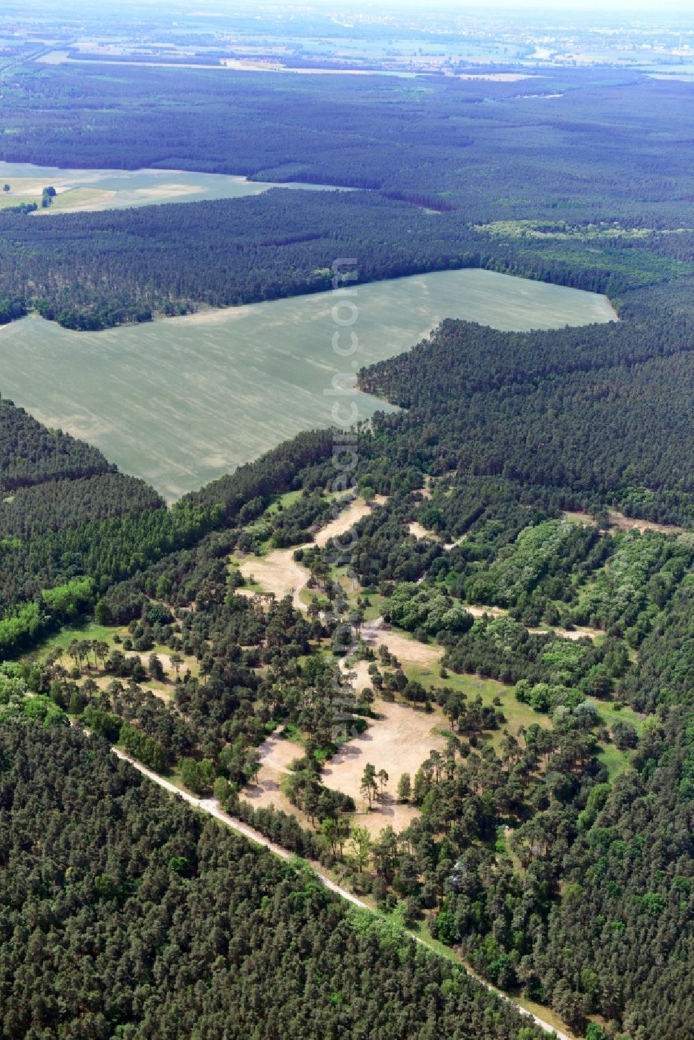 Detershagen from above - View of a former tank farm of the NVA in the GDR National People's Army south of the Elbe-Havel canal to Detershagen in Saxony-Anhalt