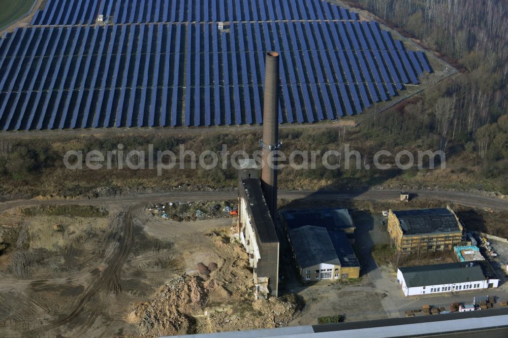 Holzweißig from the bird's eye view: Demolition of the ruins of the former pipe works Holzweißig in Saxony-Anhalt