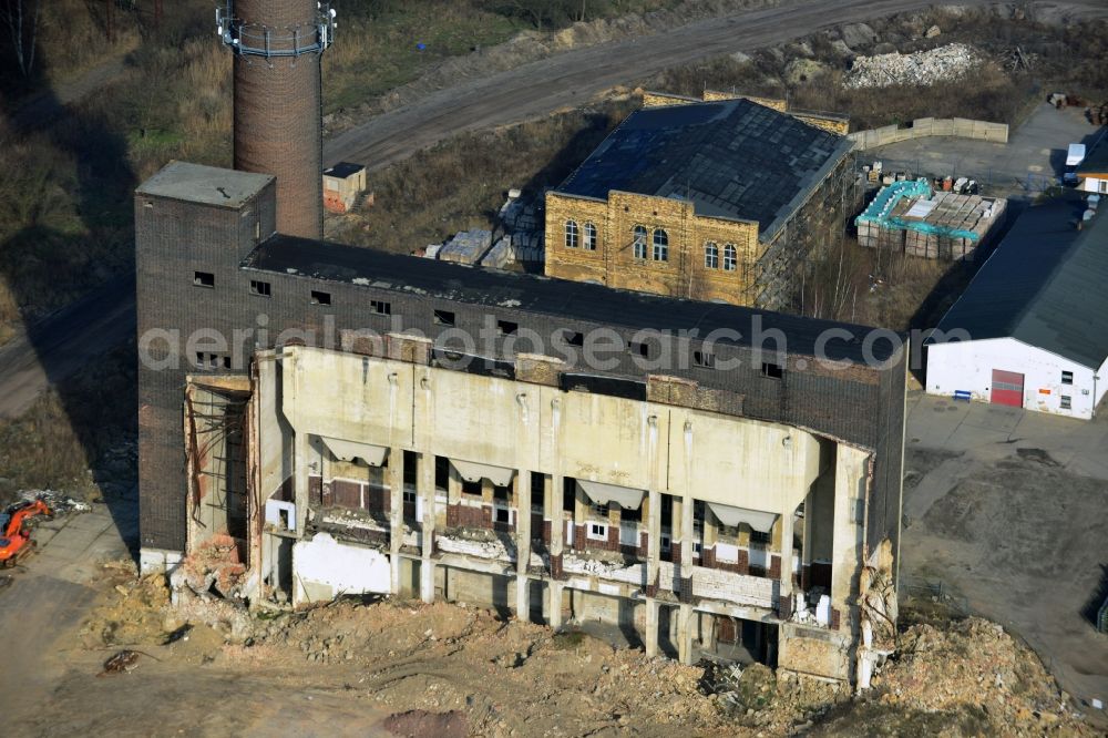 Holzweißig from the bird's eye view: Demolition of the ruins of the former pipe works Holzweißig in Saxony-Anhalt