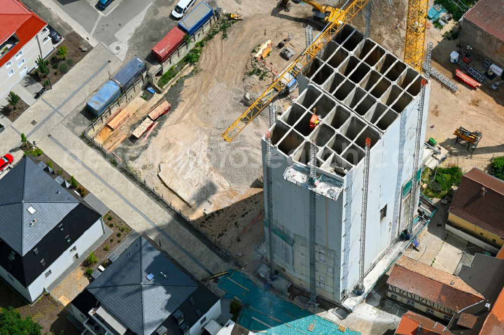 Osthofen from above - Demolition work and dismantling of the high silo and grain storage Schill-Turm, the former high silo of the Schill malthouse on Ludwig-Schwamb-Strasse in Osthofen in the state of Rhineland-Palatinate, Germany