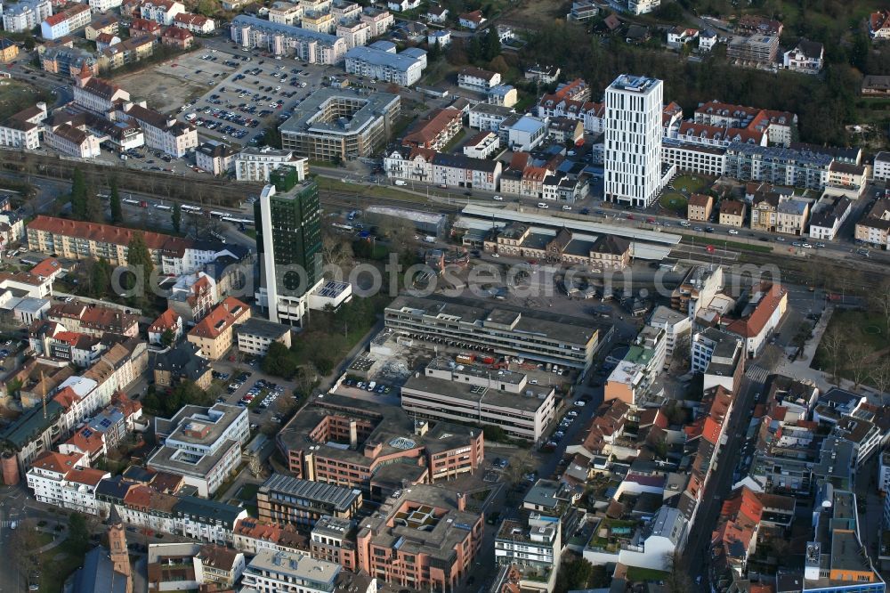 Lörrach from above - Demolition area of office buildings of the postal service in the city center with the high-rise buildings of the town hall and of the Steigenberger Hotel in Loerrach in the state Baden-Wuerttemberg, Germany