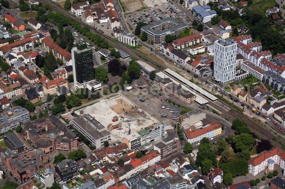 Aerial image Lörrach - Demolition area of office buildings of the postal service in the city center with the high-rise buildings of the town hall and of the Steigenberger Hotel in Loerrach in the state Baden-Wurttemberg, Germany