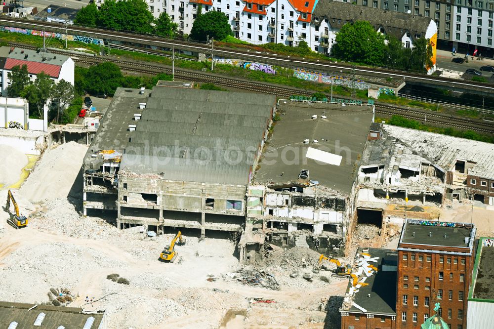 Hamburg from above - Demolition work on the site of the Industry- ruins Holsten-Brauerei on street Haubachstrasse in the district Altona-Nord in Hamburg, Germany