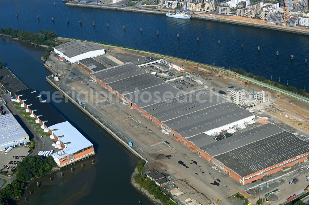 Aerial photograph Hamburg - Demolition work on the site of the former logistics center ruin Ueberseezentrum on Schuhmacherwerder - Moldauhafen in the district Kleiner Grasbrook in Hamburg, Germany