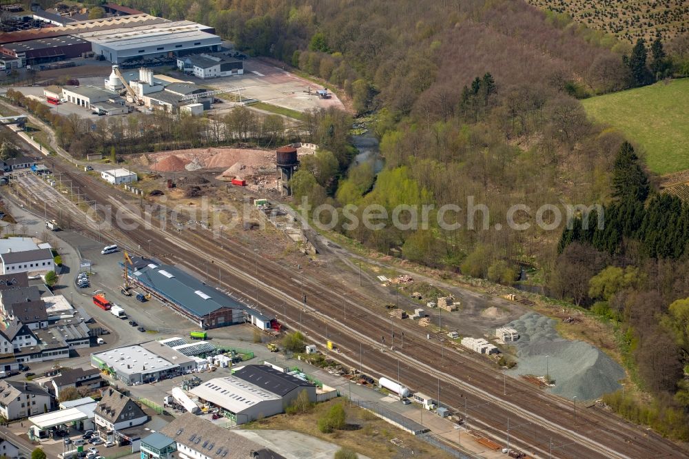 Bestwig from the bird's eye view: Demolition work on the site of the Industry- ruins the formerly train buildings in Bestwig in the state North Rhine-Westphalia