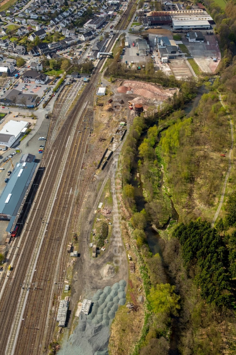 Aerial image Bestwig - Demolition work on the site of the Industry- ruins the formerly train buildings in Bestwig in the state North Rhine-Westphalia