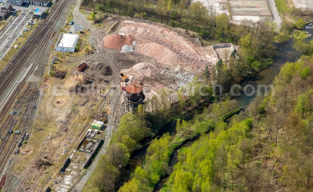 Aerial photograph Bestwig - Demolition work on the site of the Industry- ruins the formerly train buildings in Bestwig in the state North Rhine-Westphalia