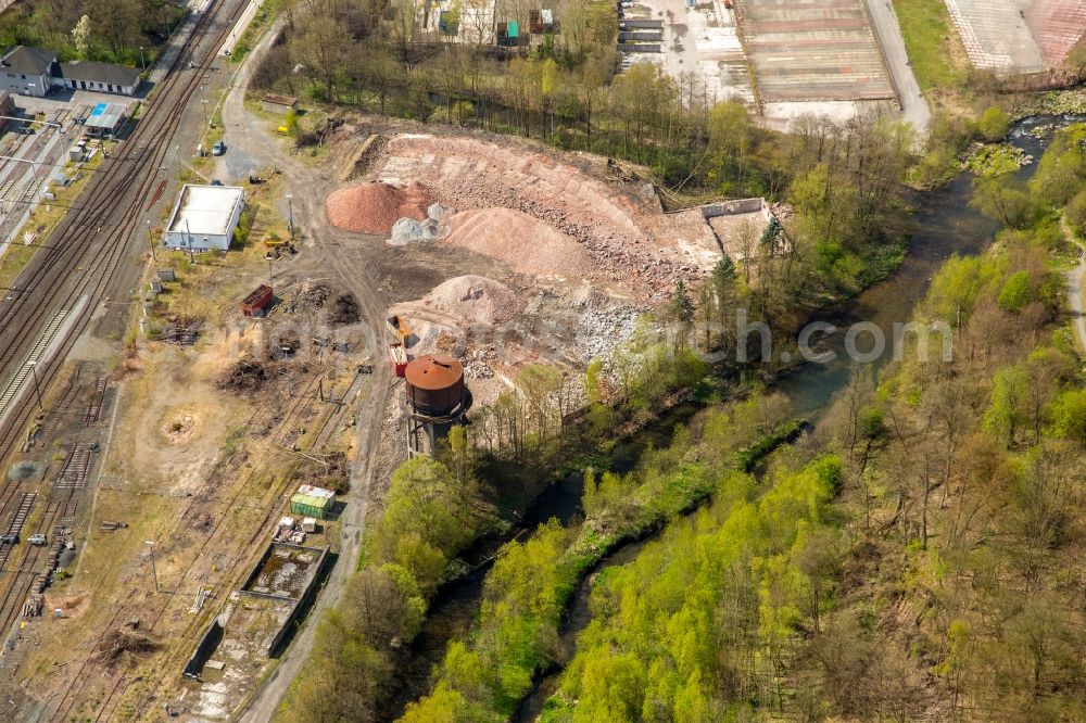 Bestwig from above - Demolition work on the site of the Industry- ruins the formerly train buildings in Bestwig in the state North Rhine-Westphalia