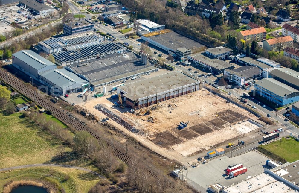 Aerial image Witten - Demolition work on the site of the Industry- ruins Meimatec GmbH on Friedrich-Ebert-Strasse in the district Ruedinghausen in Witten in the state North Rhine-Westphalia