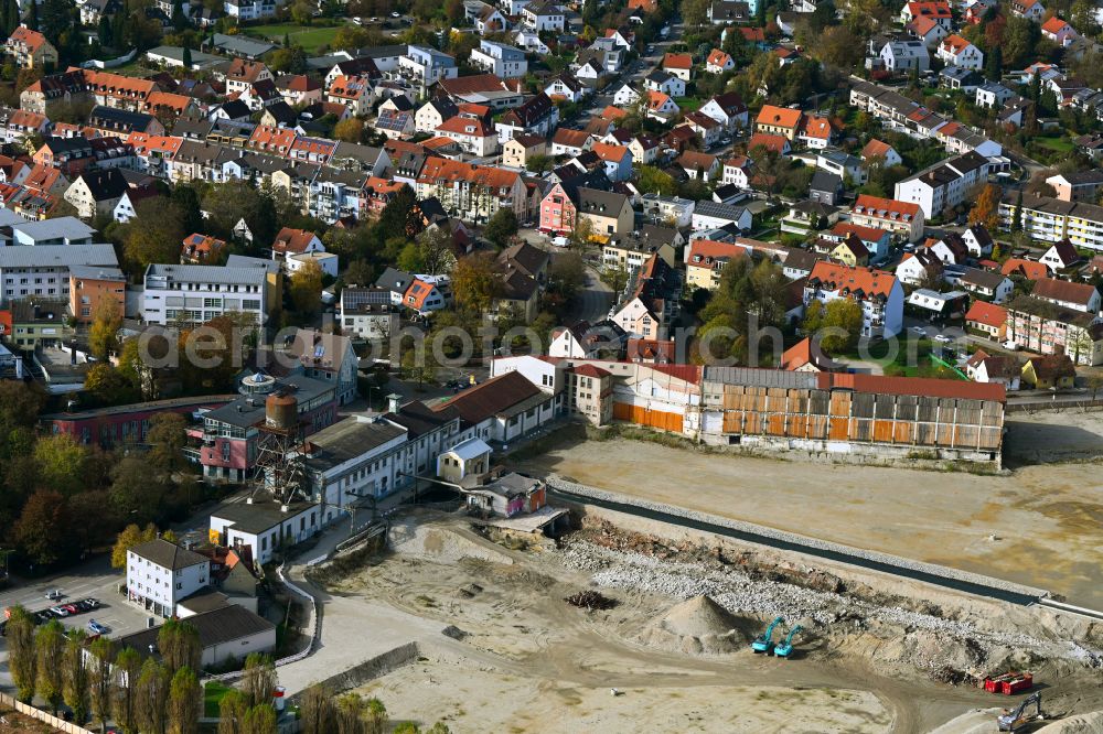 Aerial image Dachau - Demolition work on the site of the Industry- ruins of MD - Papierfabrik in Dachau in the state Bavaria, Germany