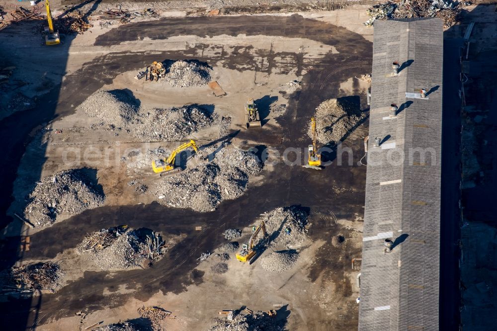 Aerial image Bochum - Demolition work on the site of the ruins the disused Opel Plant 2 in Bochum in the state North Rhine-Westphalia