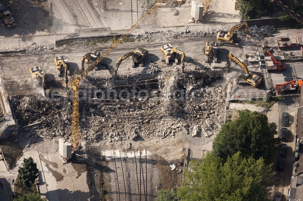 Aerial image Essen - View of the demolition of the bridge at the town forest known as the big road to motorway A40 in Essen in North Rhine-Westphalia. The demolition work was carried out on behalf of the State Road Construction North Rhine-Westphalia (Road Authority) by the excavator company F. Beißner GmbH