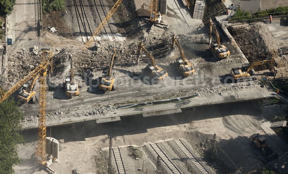 Essen from the bird's eye view: View of the demolition of the bridge at the town forest known as the big road to motorway A40 in Essen in North Rhine-Westphalia. The demolition work was carried out on behalf of the State Road Construction North Rhine-Westphalia (Road Authority) by the excavator company F. Beißner GmbH