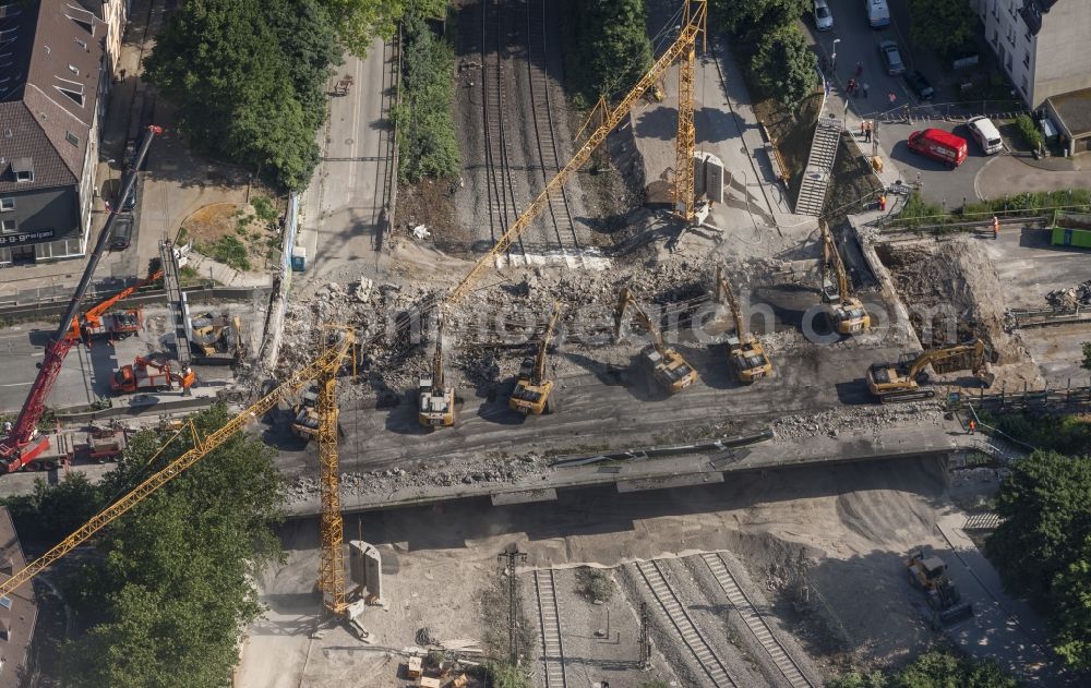 Aerial image Essen - View of the demolition of the bridge at the town forest known as the big road to motorway A40 in Essen in North Rhine-Westphalia. The demolition work was carried out on behalf of the State Road Construction North Rhine-Westphalia (Road Authority) by the excavator company F. Beißner GmbH