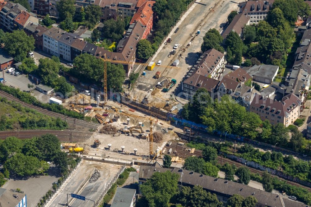 Aerial image Essen - View of the construction side and demolition of the bridge at the town forest known as the big road to motorway A40 in Essen in North Rhine-Westphalia. The demolition work was carried out on behalf of the State Road Construction North Rhine-Westphalia (Road Authority) by the excavator company F. Beißner GmbH