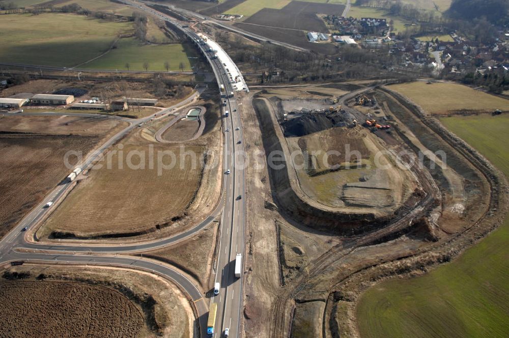 Sättelstädt from above - Blick auf die Abrißarbeiten am alten, stillgelegten Streckenverlauf des A4- Autobahnverlaufes an den Hörselbergen in Thüringen bei Eisenach. Durchgeführt werden die im Zuge dieses Projektes notwendigen Arbeiten unter an derem von der EUROVIA Verkehrsbau Union sowie der Niederlassungen Abbruch und Erdbau, Betonstraßenbau, Ingenieurbau und TECO Schallschutz der EUROVIA Beton sowie der DEGES. View of the demolition work on the old, disused itinerary of the A4 motorway course.