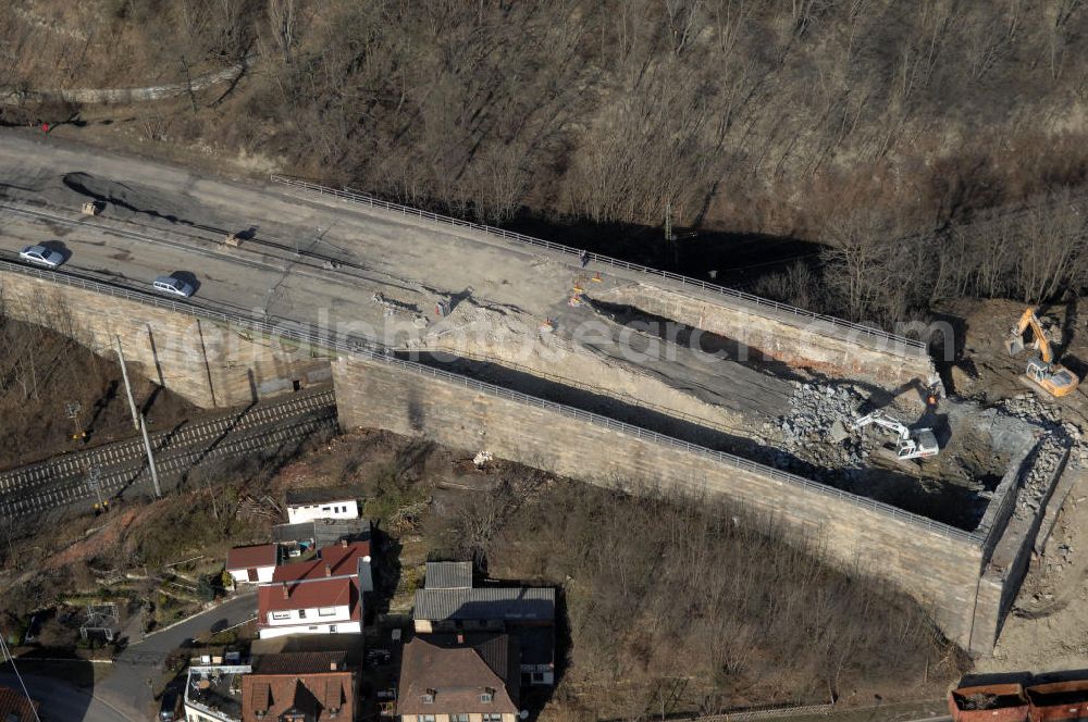 Sättelstädt from the bird's eye view: Blick auf die Abrißarbeiten am alten, stillgelegten Streckenverlauf des A4- Autobahnverlaufes an den Hörselbergen in Thüringen bei Eisenach. Durchgeführt werden die im Zuge dieses Projektes notwendigen Arbeiten unter an derem von der EUROVIA Verkehrsbau Union sowie der Niederlassungen Abbruch und Erdbau, Betonstraßenbau, Ingenieurbau und TECO Schallschutz der EUROVIA Beton sowie der DEGES. View of the demolition work on the old, disused itinerary of the A4 motorway course.