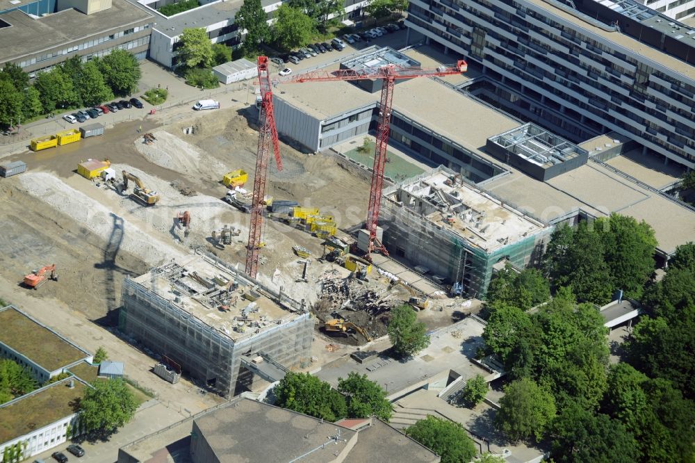 Aerial image Bochum - Demolition work on the campus Ruhr-Universitaet Bochum in North Rhine-Westphalia. The building IA and IB - engineering building of Ruhr University Bochum are due to hazardous PCB - load demolished and rebuilt