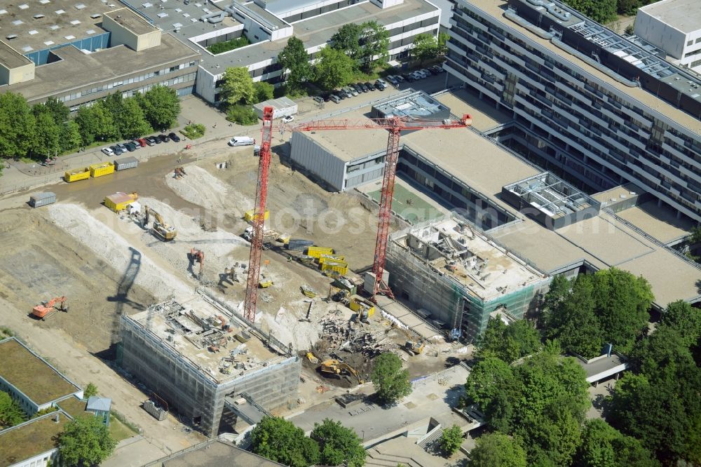 Bochum from above - Demolition work on the campus Ruhr-Universitaet Bochum in North Rhine-Westphalia. The building IA and IB - engineering building of Ruhr University Bochum are due to hazardous PCB - load demolished and rebuilt