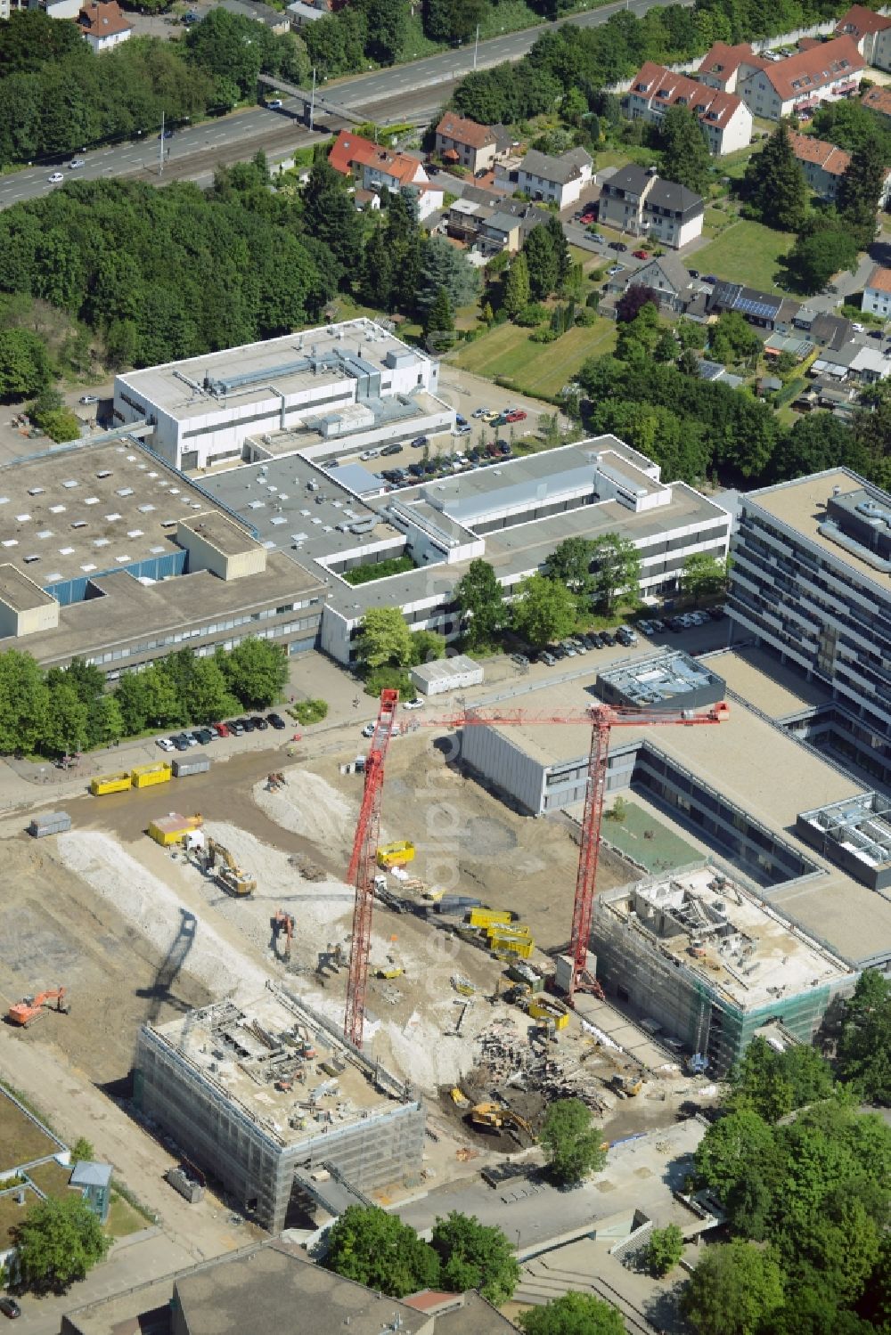 Aerial image Bochum - Demolition work on the campus Ruhr-Universitaet Bochum in North Rhine-Westphalia. The building IA and IB - engineering building of Ruhr University Bochum are due to hazardous PCB - load demolished and rebuilt