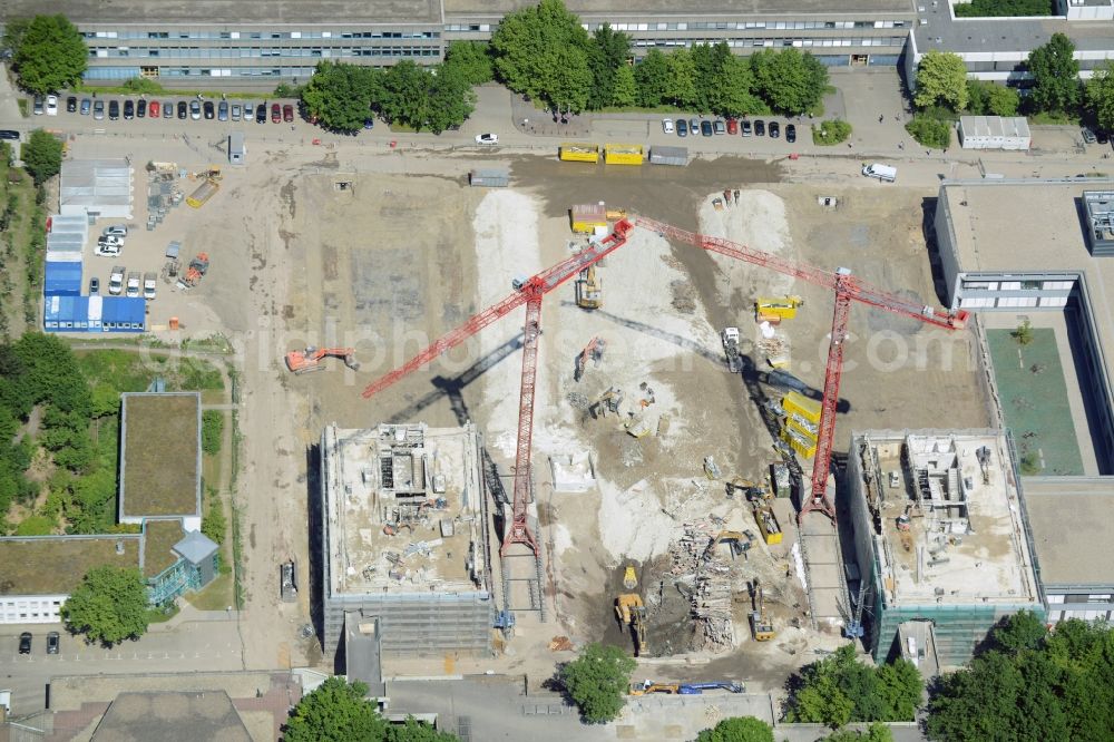 Aerial photograph Bochum - Demolition work on the campus Ruhr-Universitaet Bochum in North Rhine-Westphalia. The building IA and IB - engineering building of Ruhr University Bochum are due to hazardous PCB - load demolished and rebuilt