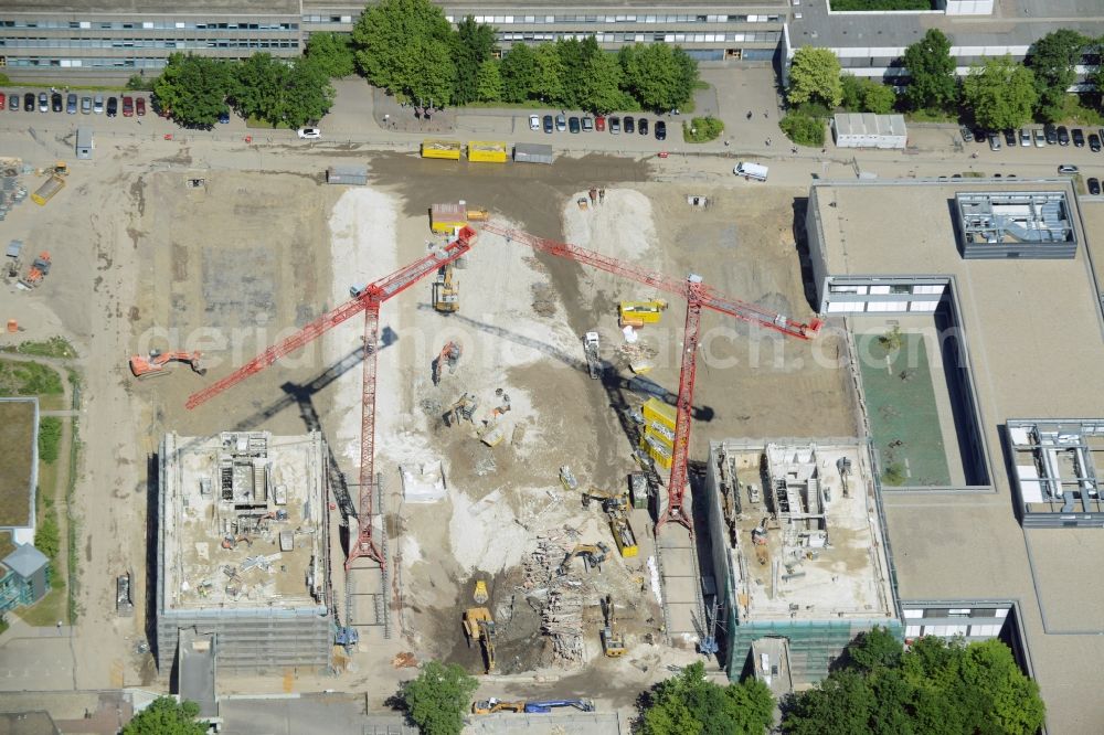 Bochum from above - Demolition work on the campus Ruhr-Universitaet Bochum in North Rhine-Westphalia. The building IA and IB - engineering building of Ruhr University Bochum are due to hazardous PCB - load demolished and rebuilt