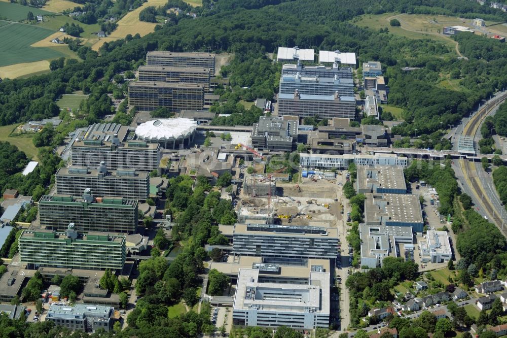 Aerial photograph Bochum - Demolition work on the campus Ruhr-Universitaet Bochum in North Rhine-Westphalia. The building IA and IB - engineering building of Ruhr University Bochum are due to hazardous PCB - load demolished and rebuilt