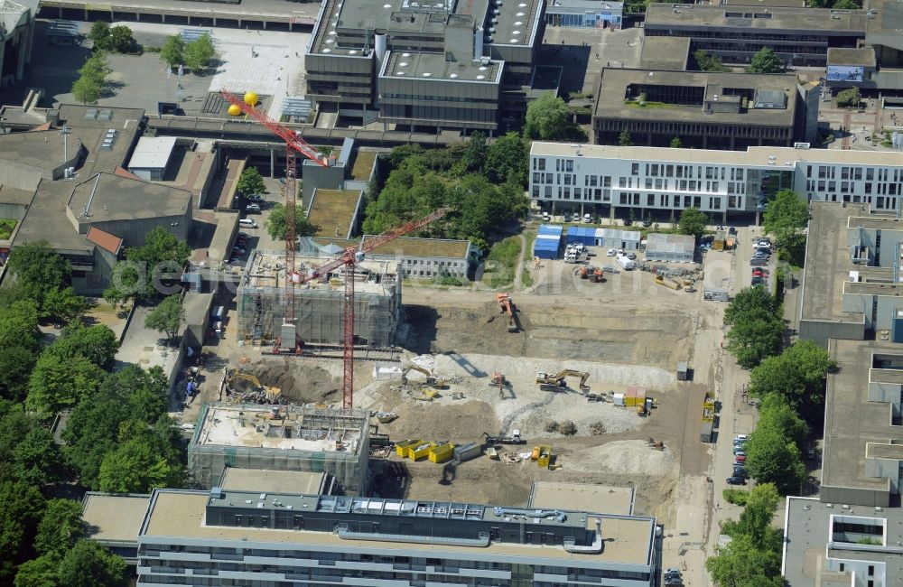 Bochum from the bird's eye view: Demolition work on the campus Ruhr-Universitaet Bochum in North Rhine-Westphalia. The building IA and IB - engineering building of Ruhr University Bochum are due to hazardous PCB - load demolished and rebuilt