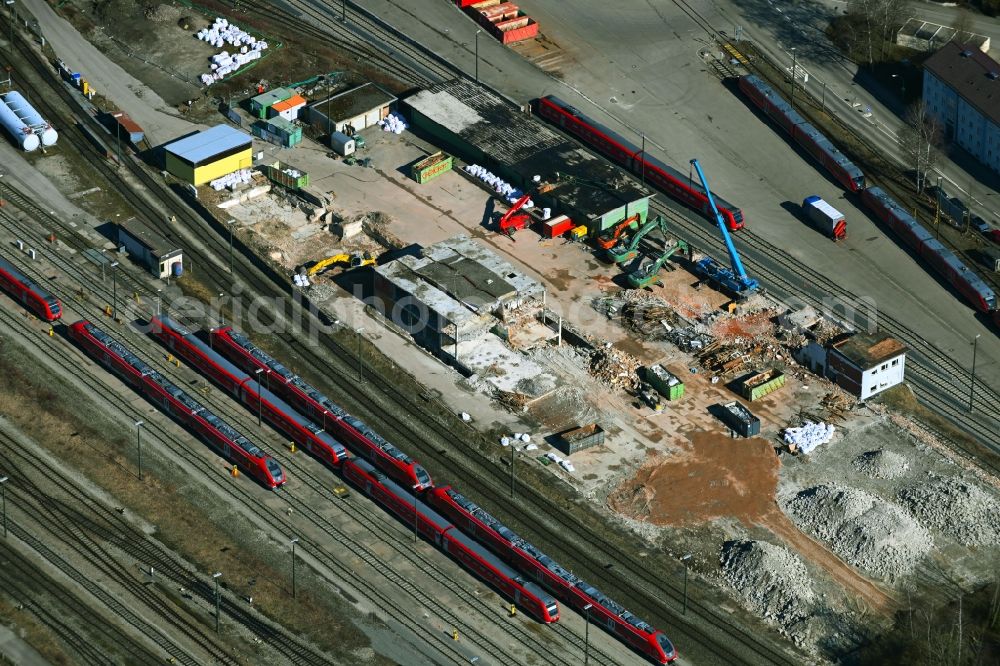 Aerial image Kempten (Allgäu) - Demolition work on the site of the Industry- ruins of Deutschen Bahn in of Oberen Eicher Strasse in Kempten (Allgaeu) in the state Bavaria, Germany