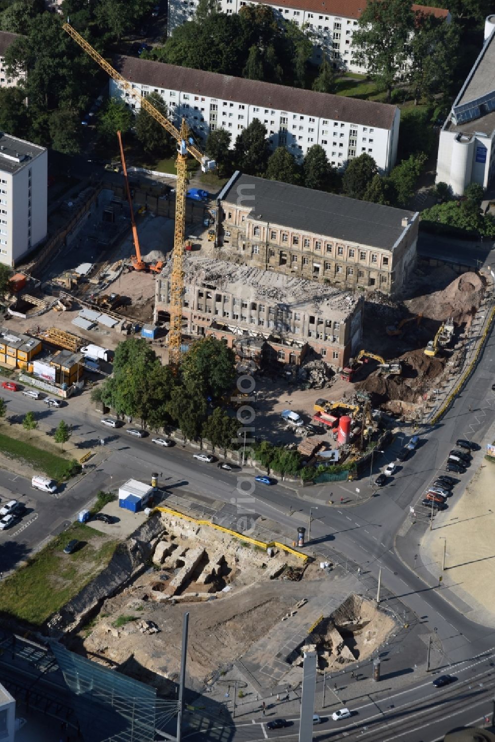 Dresden from the bird's eye view: Demolition area of office buildings Home am Postplatz - Annenstrasse - Marienstrasse durch die GD Dressler Bau GmbH in Dresden in the state Saxony