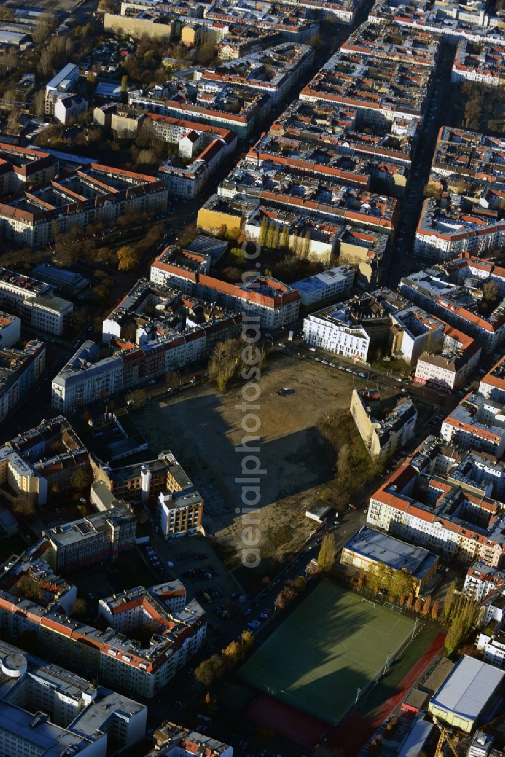 Berlin from above - View at the site of the demolished former company building of the Freudenberg Sealing Products GmbH & Co. in Berlin Friedrichshain at the Boxhagener Street