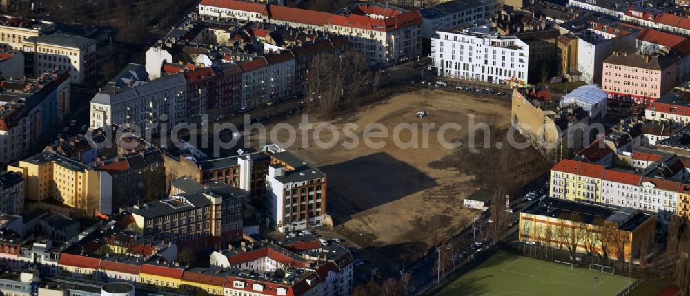 Berlin from above - View at the site of the demolished former company building of the Freudenberg Sealing Products GmbH & Co. in Berlin Friedrichshain at the Boxhagener Street