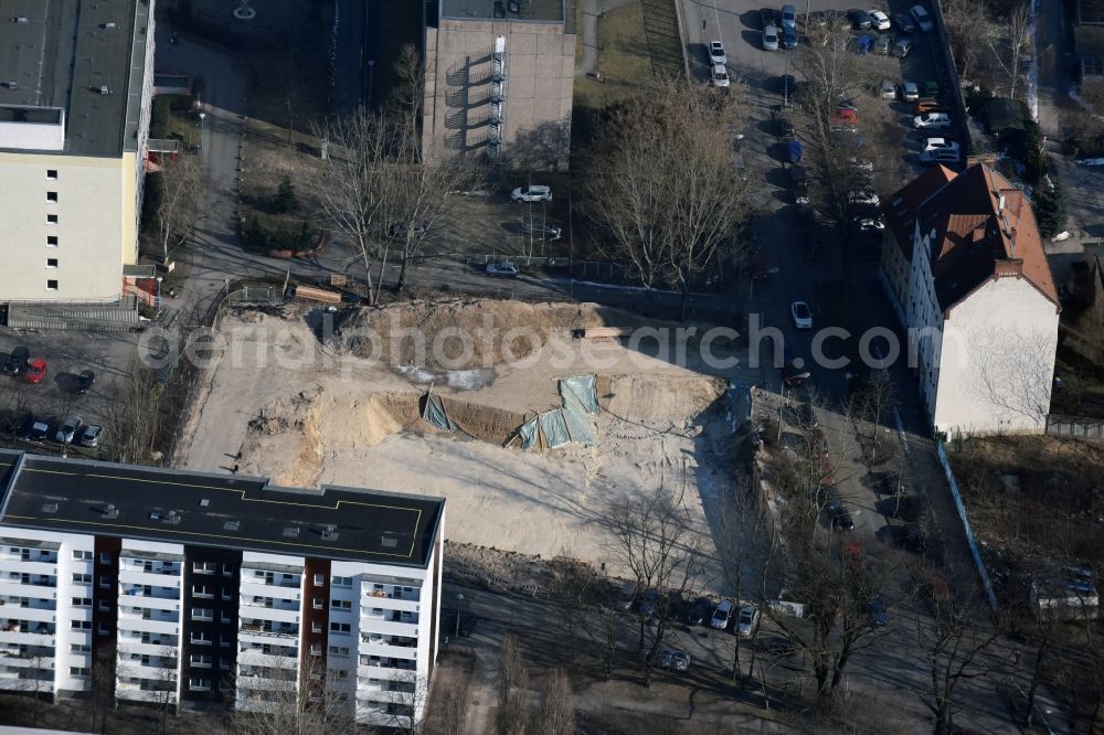 Aerial image Berlin - Demolition of the building area of formerly GDR- Kaufhalle on Alfred-Kowalke-Strasse corner Charlottenstrasse in the district Friedrichsfelde in Berlin