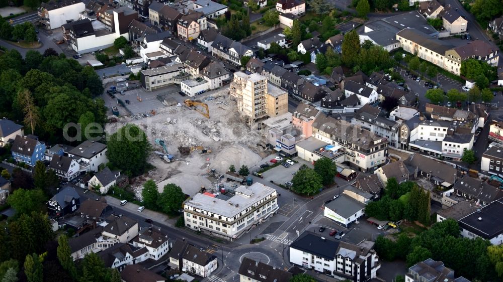 Waldbröl from above - Demolition of the building area of Merkur-Haus in Waldbroel in the state North Rhine-Westphalia, Germany