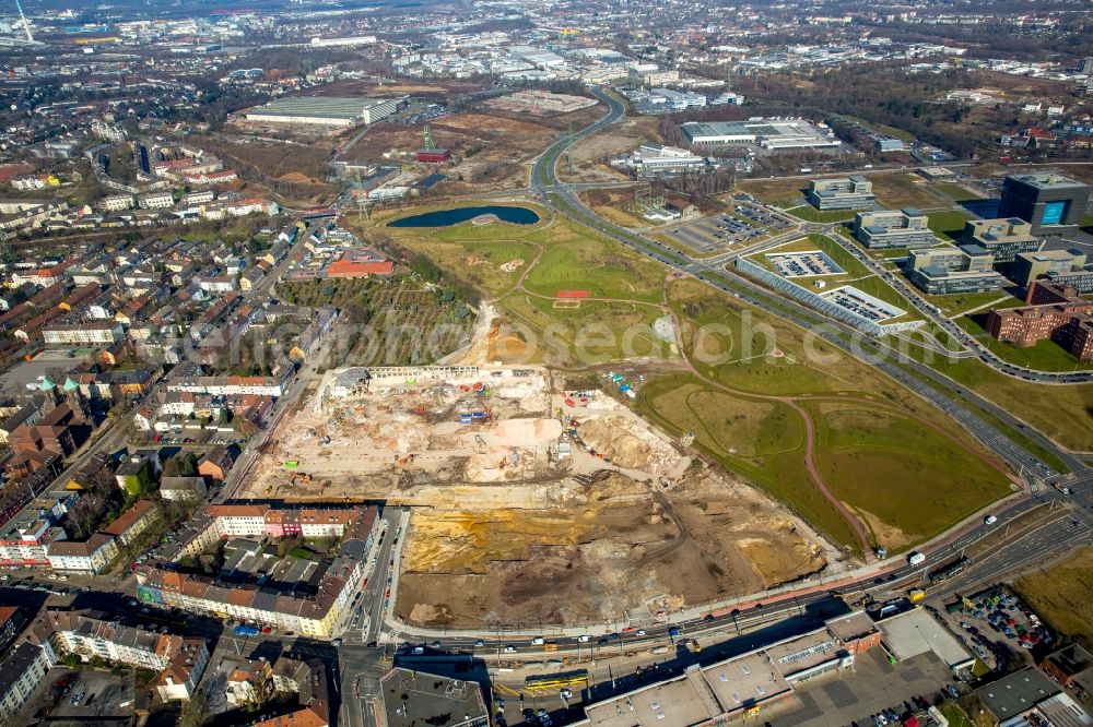 Aerial image Essen - Demolition area of the hall of Altendorfer real, market management at the Husmannshof street in Essen in North Rhine-Westphalia